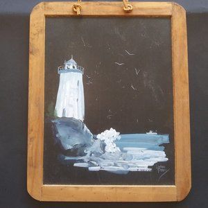 Vintage artist signed Loran Percy Lighthouse theme Painting on a  School Slate